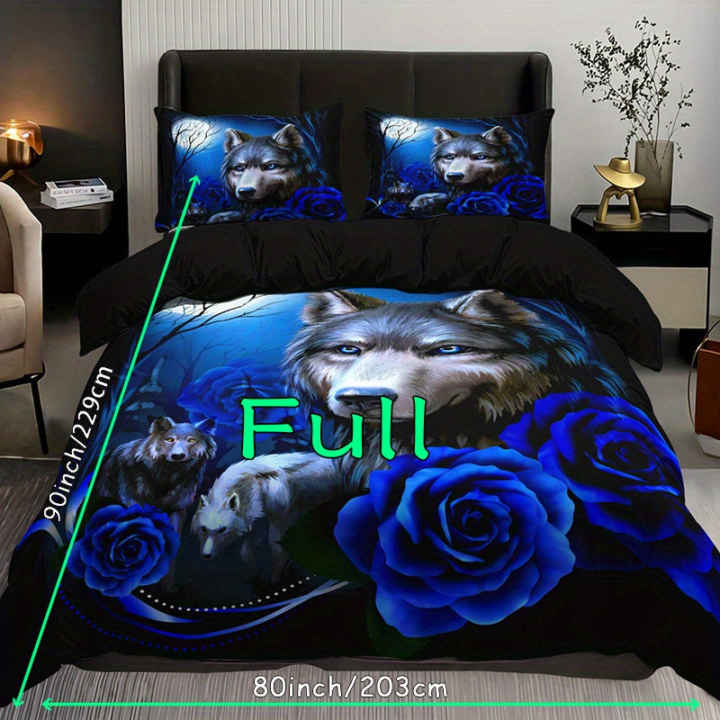 Fashionable 3-piece Duvet Cover Set featuring a striking Wolf Blue Rose Print design. This bedding set is made of soft, comfortable, and breathable material, perfect for adding style and comfort to your bedroom or guest room. Set includes 1 Duvet Cover