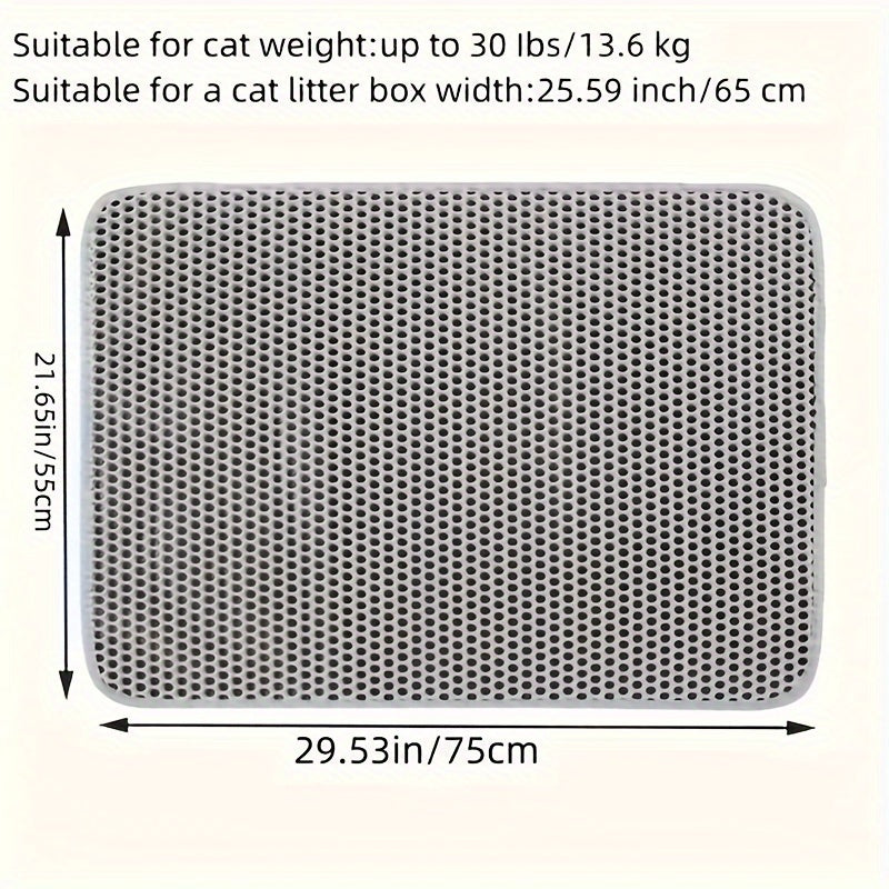 Extra large cat litter mat in gray and black with non-slip honeycomb double layer design. Made of high-quality EVA material that is urine and waterproof. Easy to clean with directional