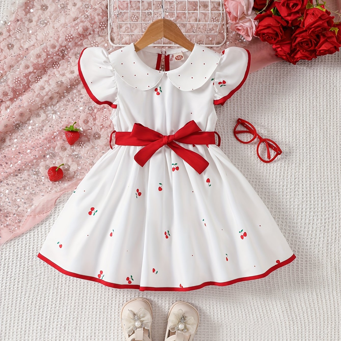 Girls' sleeveless dress with doll collar, ruffled hem, and strawberry design.