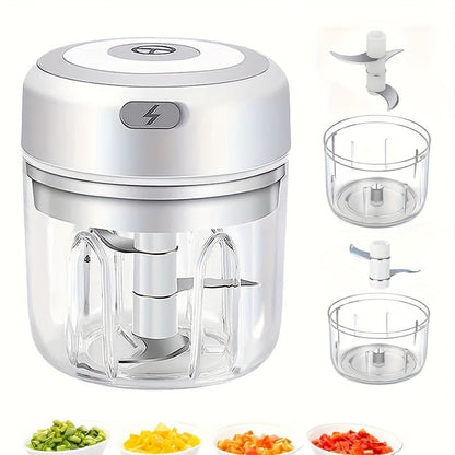 The handheld wireless garlic grinder is a mini electric food chopper with a 250ml capacity. It is portable and rechargeable via USB, made of plastic and suitable for blending fruits, vegetables, onions, nuts, and meat. The chopper operates automatically