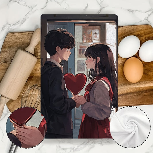 Set of 2 Ultra Soft Kitchen Towels featuring an adorable anime boy presenting a heart-shaped mirror to an anime girl, who is joyfully looking at her reflection. These highly absorbent dish hand towels are perfect for holiday decor. Machine washable for