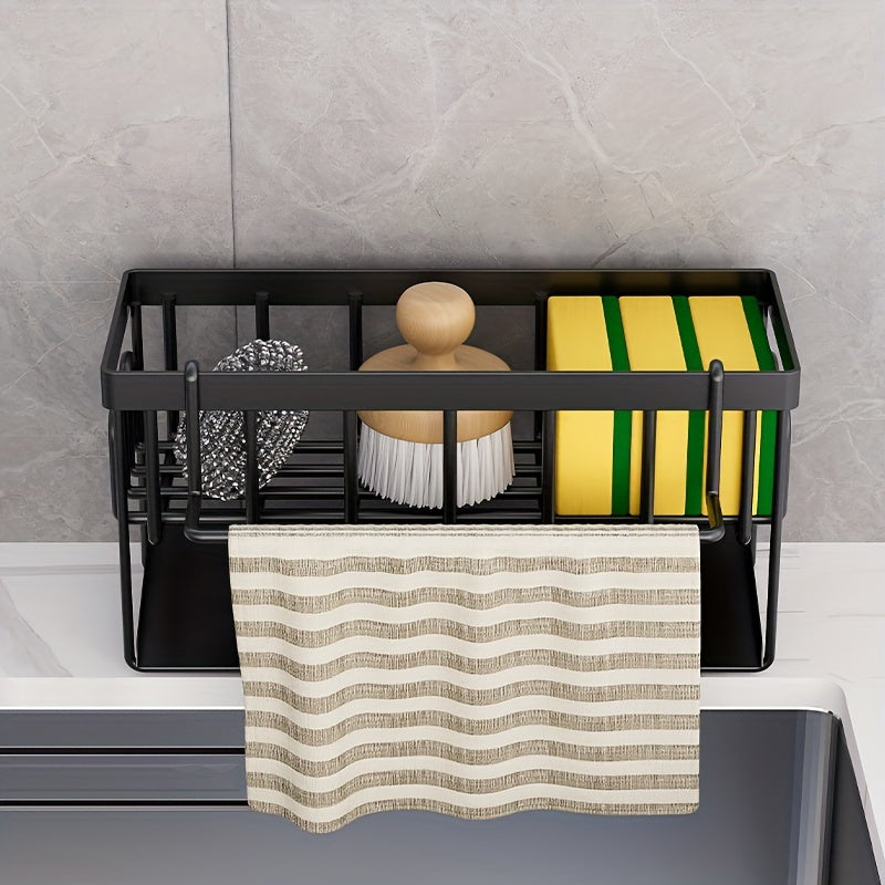 Black and white kitchen sink organizer with towel rack - includes metal sponge holder, dish soap caddy, and self-draining tray, offering versatility.