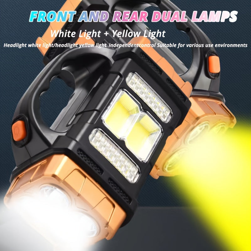 Multi-functional LED flashlight with solar and USB recharge options, polished tactical finish, 4 brightness levels, COB work light feature, 1500mAh Ni-MH battery, portable camping lamp with