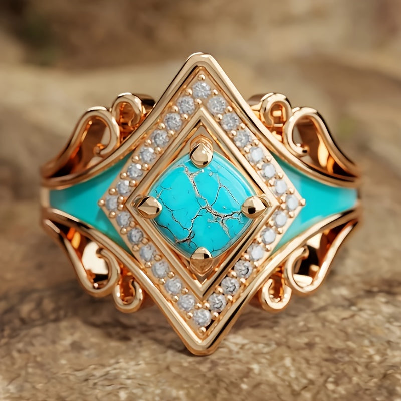 Vintage Jewelry for Women: Bohemian Glamour with Electroplated Rose Gold, Synthetic Turquoise, and Imitation Zirconia Ring Perfect for Engagement, Wedding, and Anniversary Celebrations