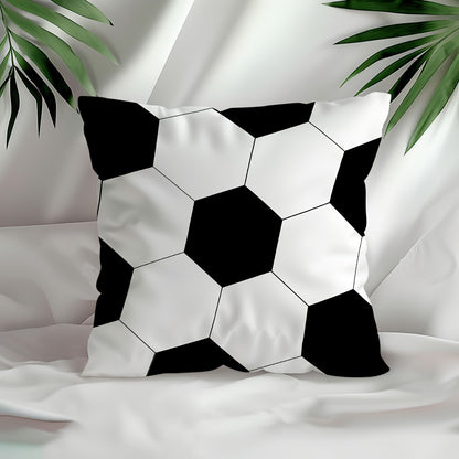 Soccer ball print pillow cover, soft polyester, 45x45cm, black & white hexagonal design, zipper closure, machine washable. Perfect for sofa, bedroom, and living room décor. Ideal for couch pillows.