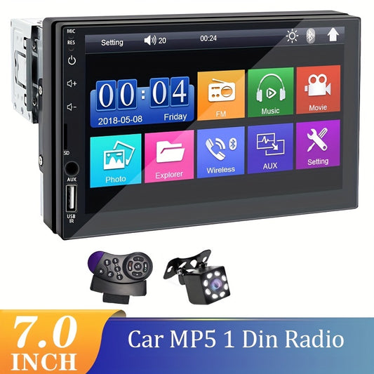 Single DIN Car MP5 Radio Player with 17.78cm HD screen, Radio Box Upper Part Installation Design, MirrorLink, AUX, USB Connections, SD Card Support, Optional Reversing Camera and Steering