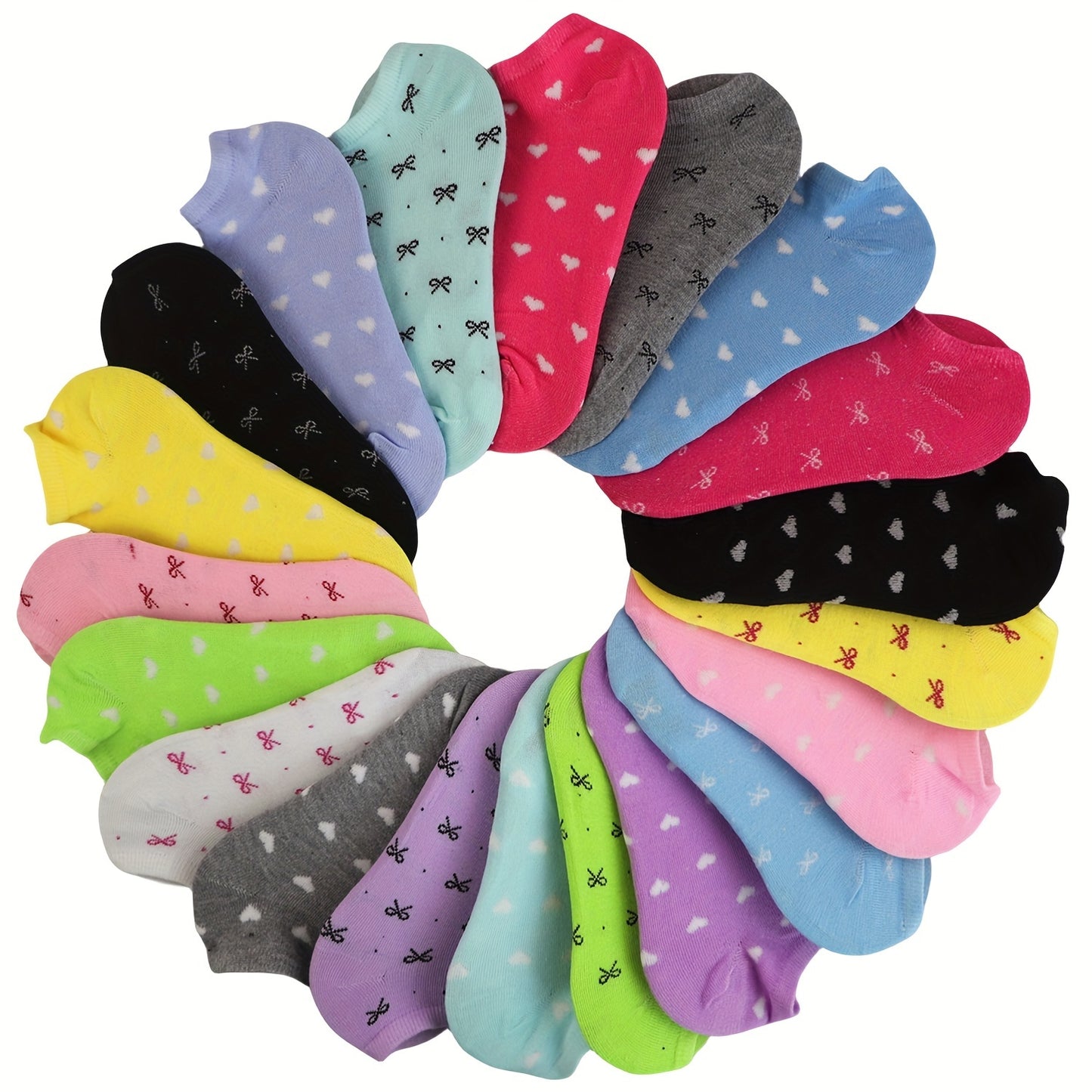 20 pairs of candy-colored, lightweight, and breathable low cut ankle socks for women.