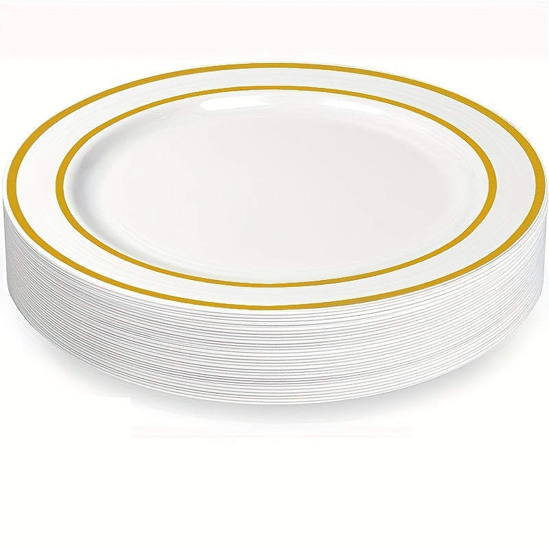 25-50 pieces of golden plastic party plates, measuring 19.05-26.04 cm each. These disposable plates are made of premium heavy-duty plastic, perfect for serving dinner and appetizers at parties and weddings.