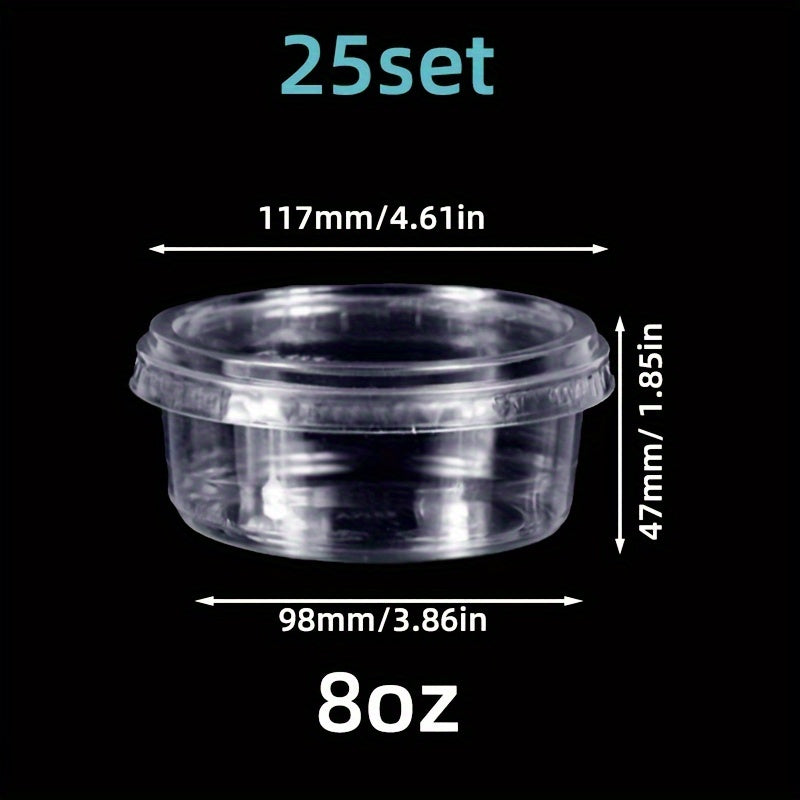 25 sets of clear plastic dessert cups with lids made from PET material, designed for reuse. These round candy packaging boxes are perfect for cakes, sweets, and fruit. They are transparent food containers suitable for both home and party use.