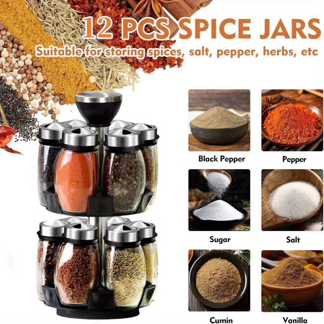 Presenting a rotating 12-jar spice rack organizer, perfect for kitchen countertops. Each rack comes with 12 glass jars, making it an ideal gift for chefs and food enthusiasts (spices not included).