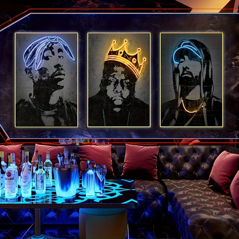 Neon Rapper Canvas Set - Hip-Hop Wall Decor, Frameless, Ideal for Various Rooms & Bar