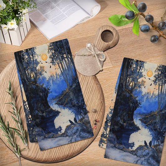 Get two ultra soft kitchen towels with a serene pond and frogs at dusk design. These highly absorbent polyester dish hand towels are machine washable and measure 40.64x60.96 cm. They are ideal for holiday decor.