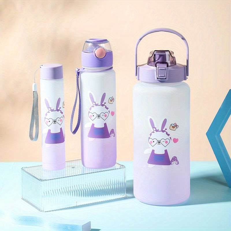 Cartoon animals sports water bottles in various sizes for outdoor activities and birthdays.