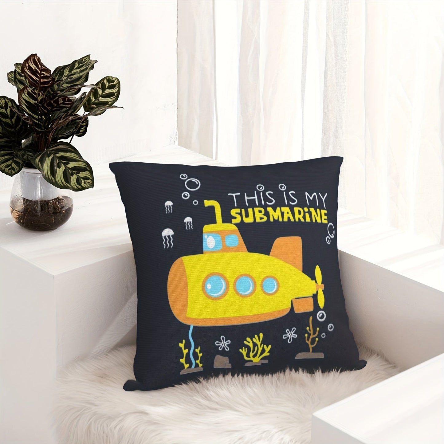 This decorative pillowcase features a fun design of a yellow submarine with the words "This is my submarine" printed on it. Measuring 45.72 x 45.72 cm, it is perfect for adding a playful touch to rooms, sofas, chairs, or bedding. Made of soft plush