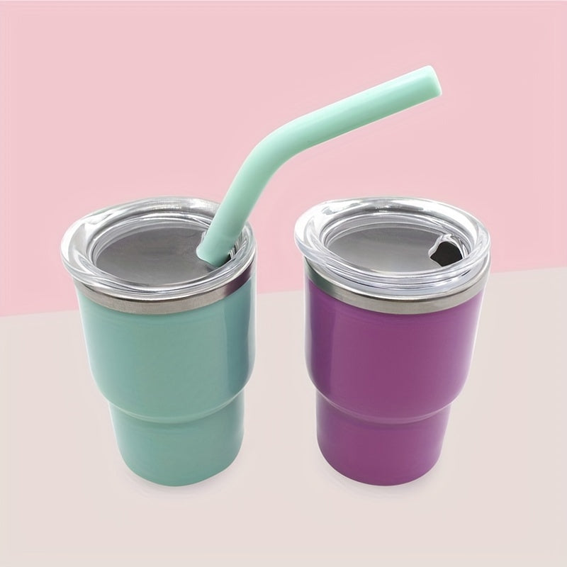 A 3oz car cup pack containing an outer plastic and inner steel construction, with a stainless steel stretch liner and a silicone sleeve straw.