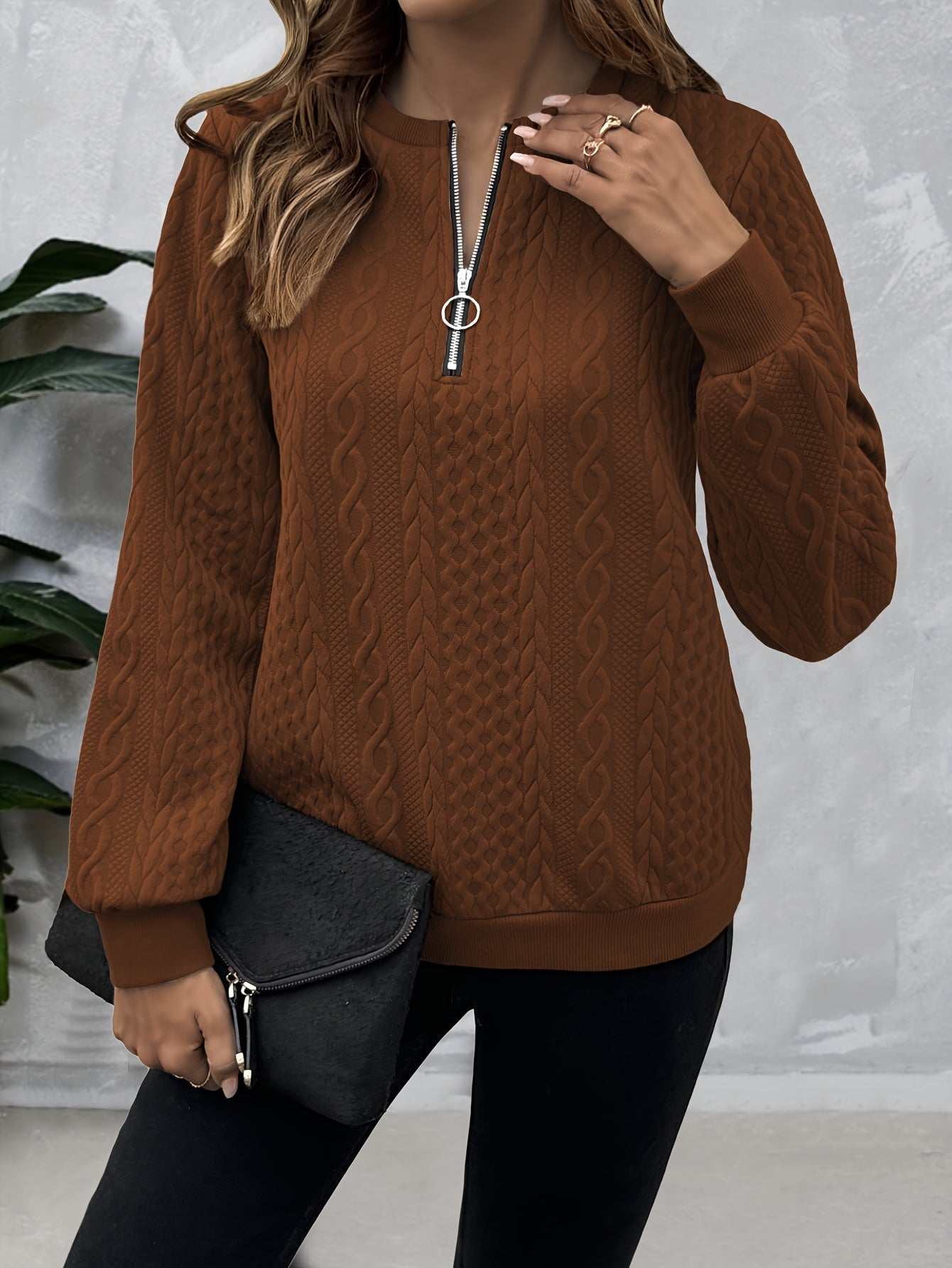 Fall/Winter Women's Textured Solid Zip Crew Sweatshirt