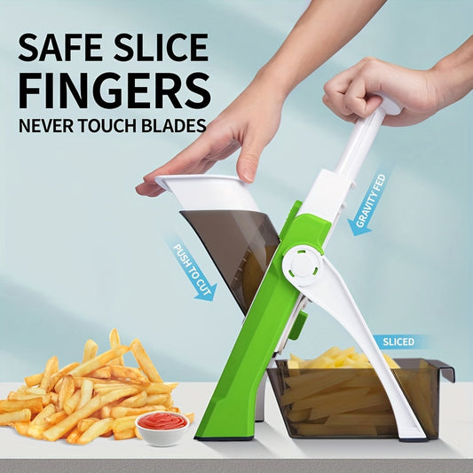 Professional kitchen tool for meal prep - Mandoline slicer with safe finger design, perfect for chopping potatoes and vegetables. This French fry cutter has an adjustable thickness feature and is made of durable green plastic.