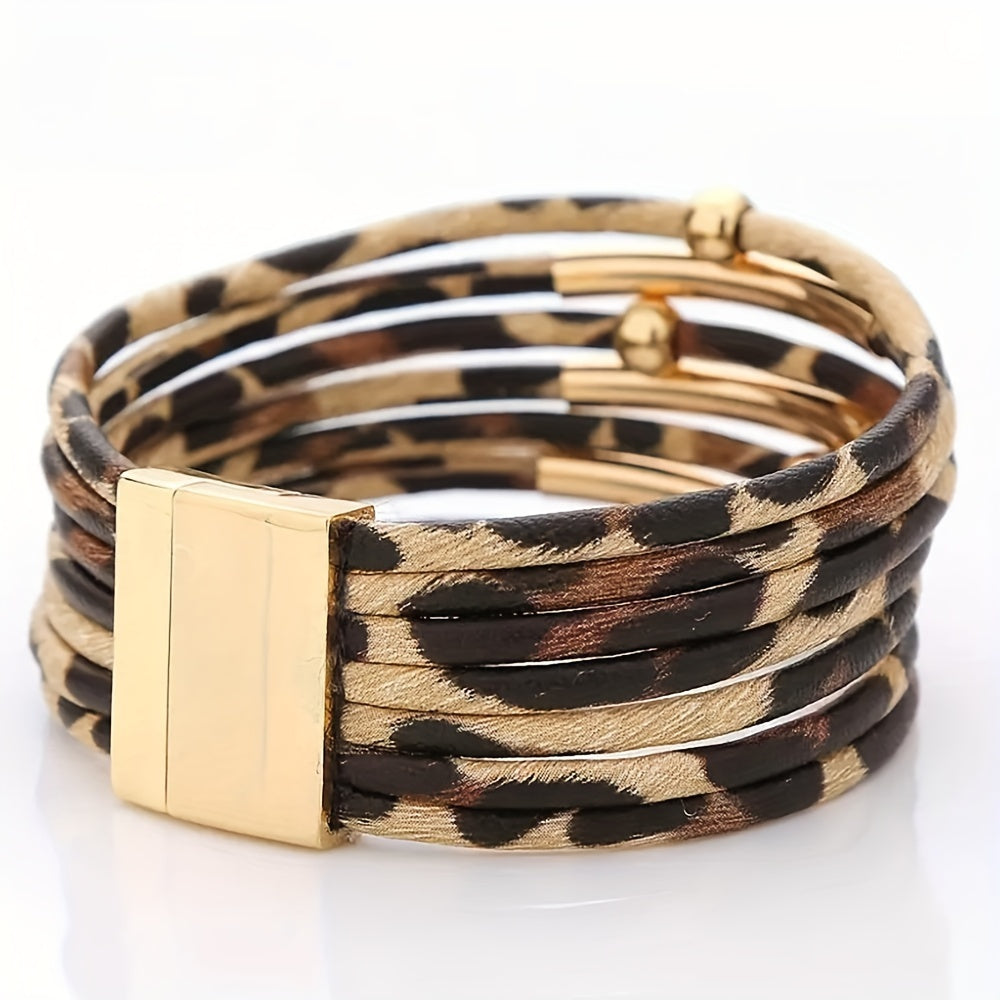 Stylish leopard print PU leather bracelet with plating - Ideal for Breast Cancer Awareness Day or any party!