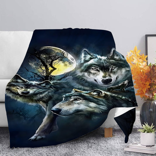 Soft and cozy Contemporary Wolves in Moonlight Design Flannel Fleece Throw Blanket, perfect for use on sofa, in the office, bed, camping, or while traveling. This multipurpose holiday gift nap blanket is made of knitted polyester, machine washable, and