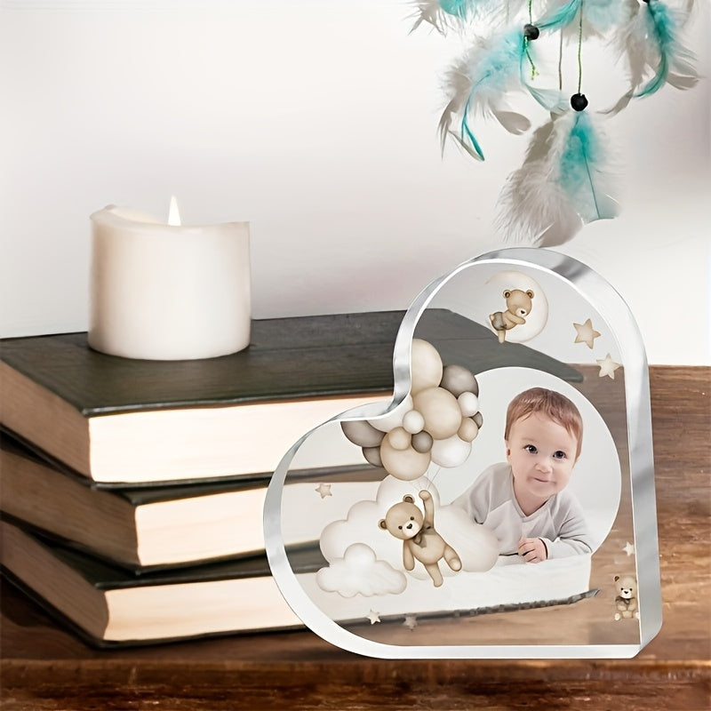 Customizable Acrylic Heart Photo Frame featuring Teddy Bear Design, Perfect for Teens 14+. Makes a Meaningful Gift for Sons and Daughters. Display your precious memories in style!