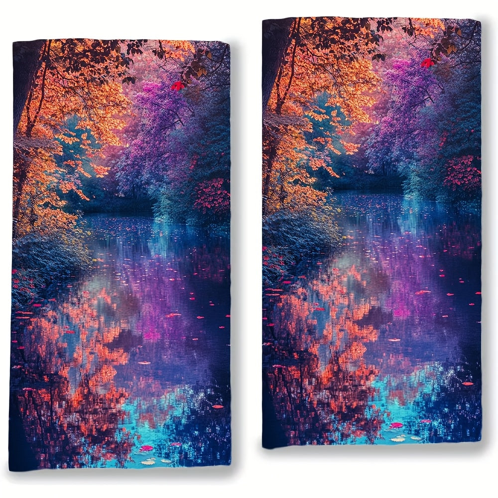 2 Ultra Soft Kitchen Towels featuring a Vibrant Autumn River Scene - Highly Absorbent, Machine Washable Dish Hand Towels, measuring 40.64x60.96 cm - Perfect for Holiday Decor and as Dish Towels.