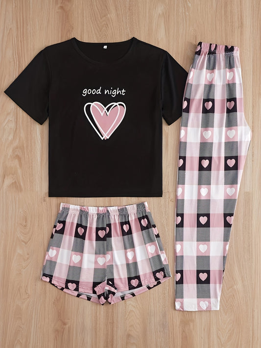 Women's casual pajama set with heart and plaid print, slogan, short sleeve top, and relaxed fit.