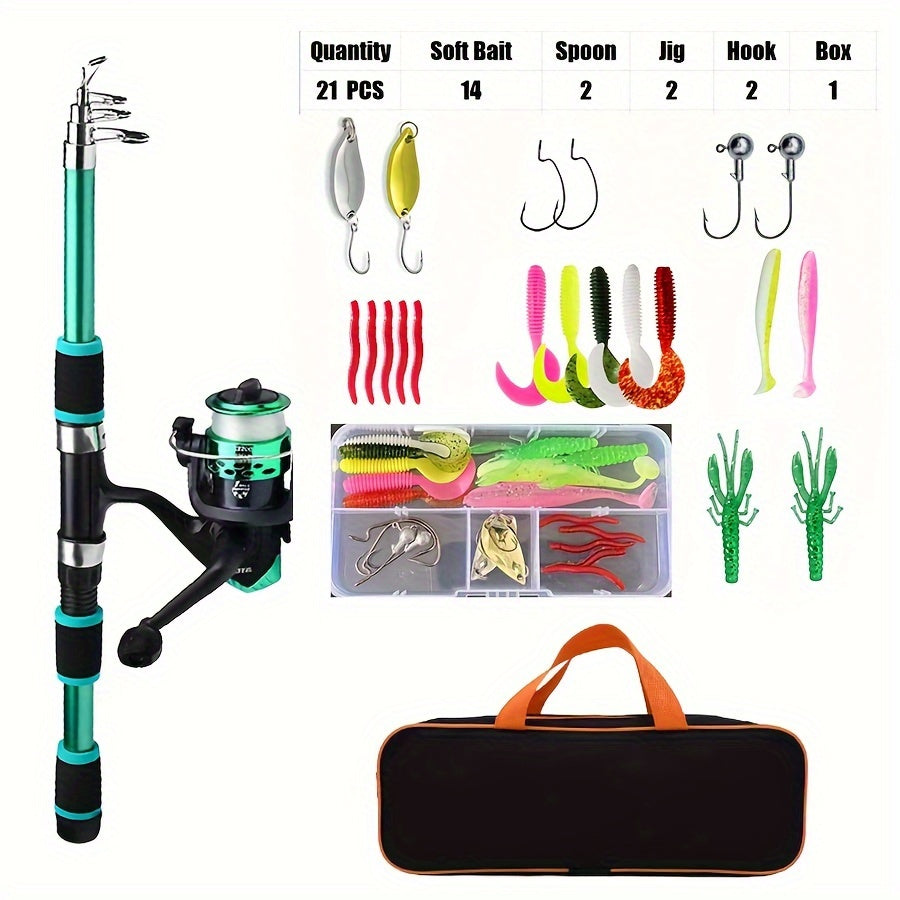 1.8m Fishing Rod Kit with Telescopic Pole, Spinning Reel, Lures & Hooks - Versatile for Freshwater & Saltwater