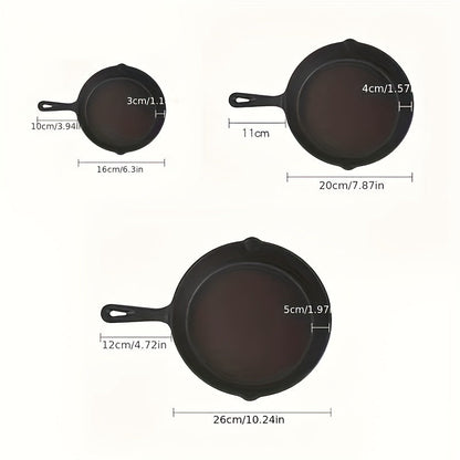 Set of 3 Cast Iron Skillets, Non-Stick Coating, Multi-Purpose Cookware, Features Convenient Pouring Spout, Ideal for Home, Dining establishments, and Hospitality Industry, Suitable for Gas, Electric, Induction, and Oven Cooking.