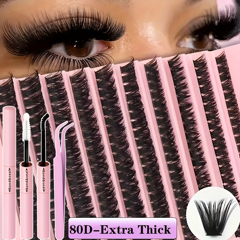 200-piece DIY Eyelash Extension Kit with mixed lengths (8-16mm) in different styles for various makeup looks. Includes natural, thick, extra thick, and cat eye options that are soft