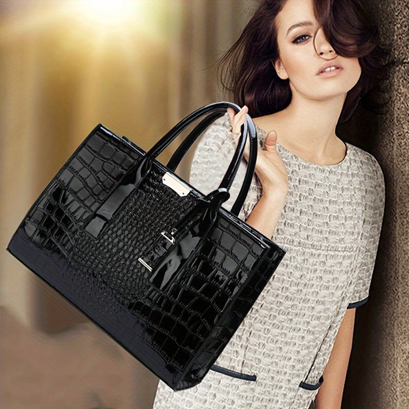 Trendy crocodile-embossed PU tote bag for women. Large capacity with glossy finish, zip closure, black polyester lining. Ideal for travel or gifting. Fashionable accessory with polyester