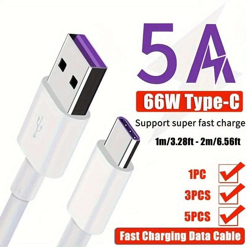 1pc/3pcs/5pcs 5A USB-C Fast Charging & Data Cable for various phone brands - Durable cord with power bank compatibility, 66W Max.