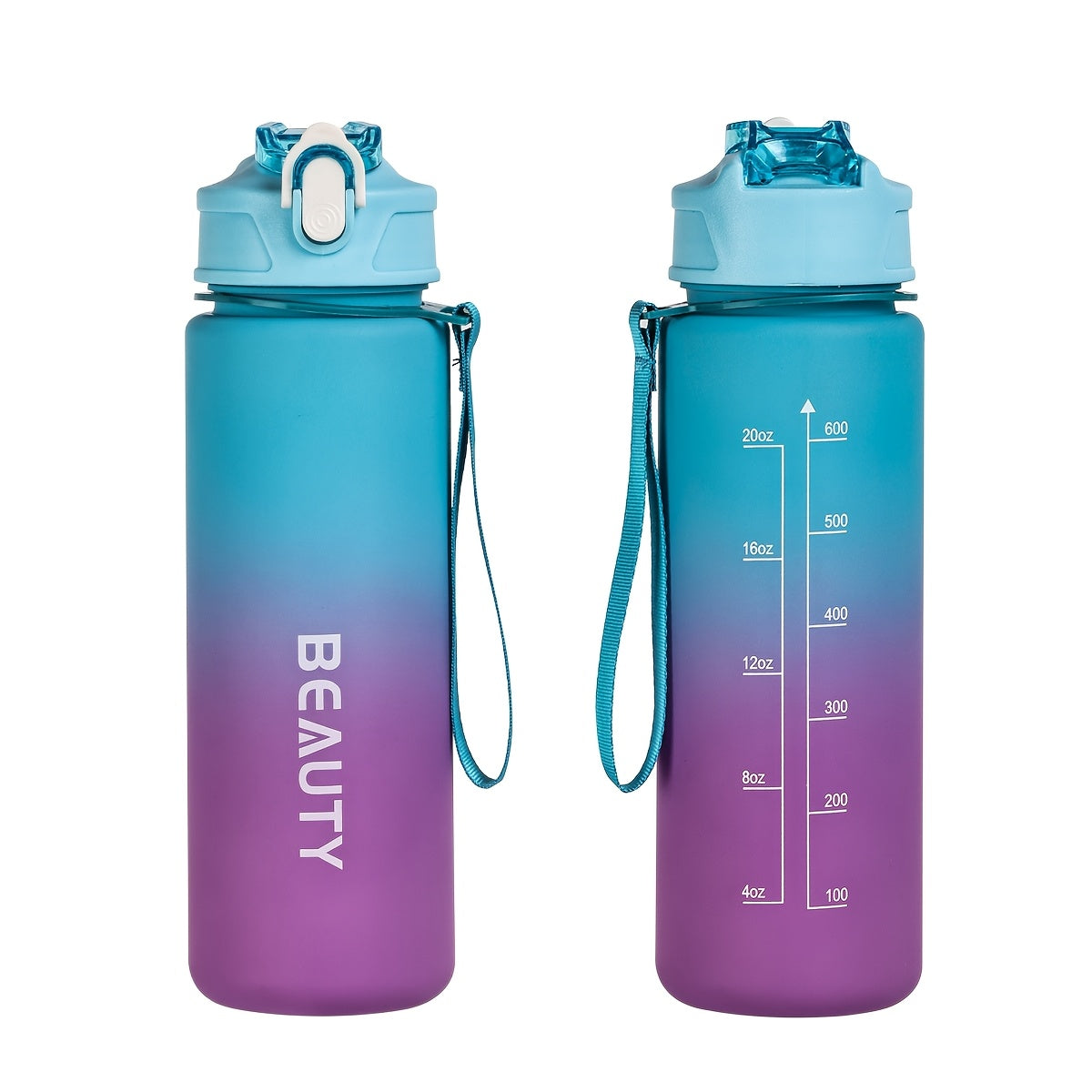 Durable, lightweight, and portable frosted plastic water bottle with scale for outdoor sports and office use.