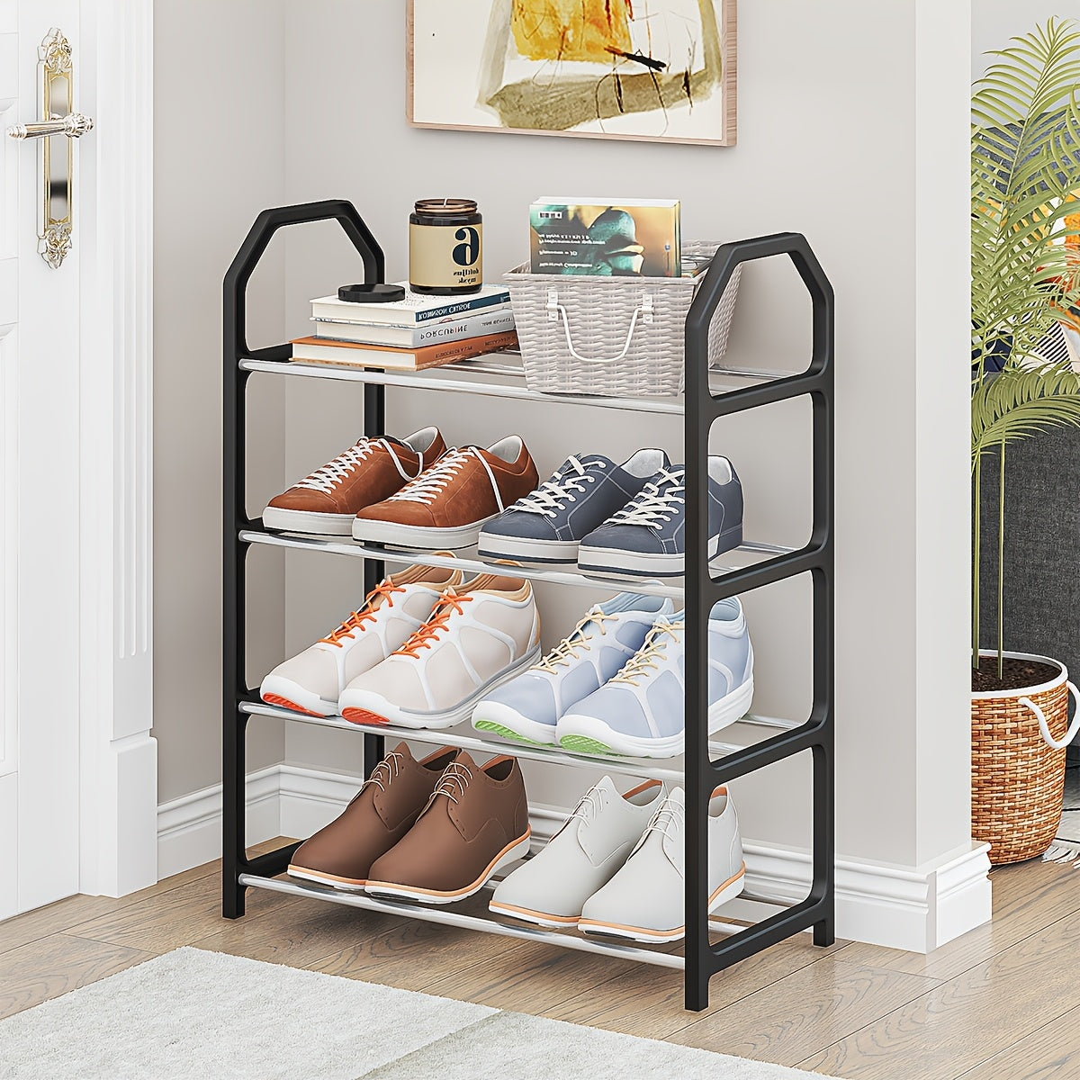 Basic multi-layer shoe shelf for a household or rental housing. This solid door shoe cabinet is versatile and functional for storing shoes.