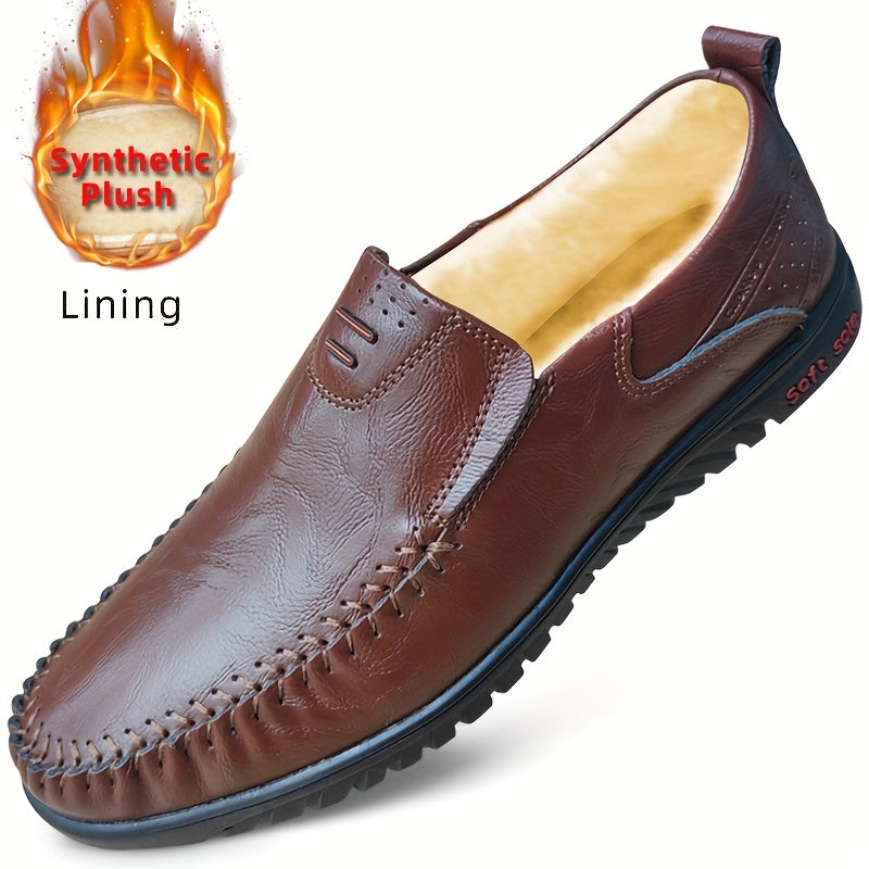 Men's black loafers with split leather upper, soft sole, and casual style suitable for all seasons. Features PU inner lining and rubber outsole.