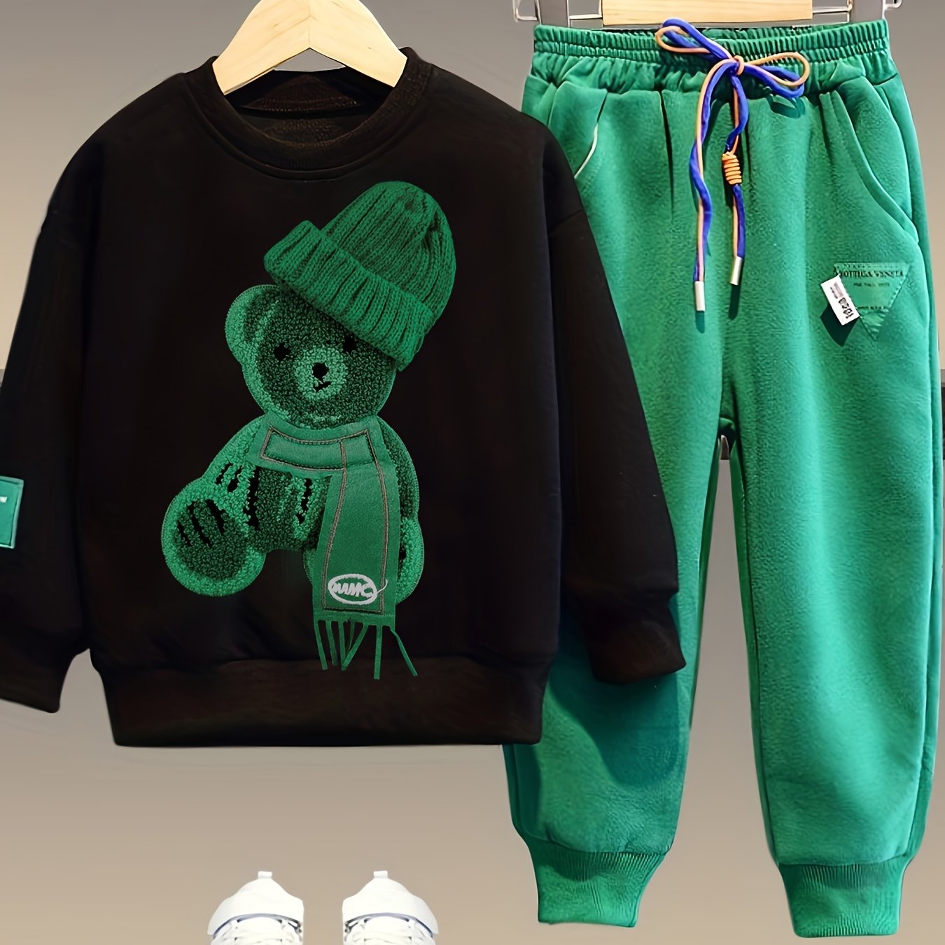 Children's Fashion Casual Clothes Set including Boys' Spring and Autumn Sweater, Pants, and Three-dimensional Cartoon Scarf Bear Long Sleeve Top.