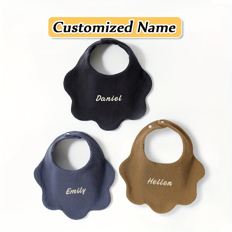 3 Packs of Pure Cotton Baby Bibs with Customized Name, Soft and Breathable, Highly Absorbent, Adjustable Snaps, Ideal Birth or Holiday Gift