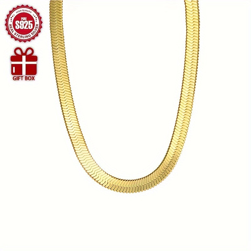 925 Sterling Silver Snake Bone Necklace with 18K Gold Plating, Hypoallergenic Flat Clavicle Chain, Elegant and Minimalist Style, Ideal for Daily Wear, Great Gift for Couples, Valentine's Day, Comes in an Anti-Tarnish Gift Box.