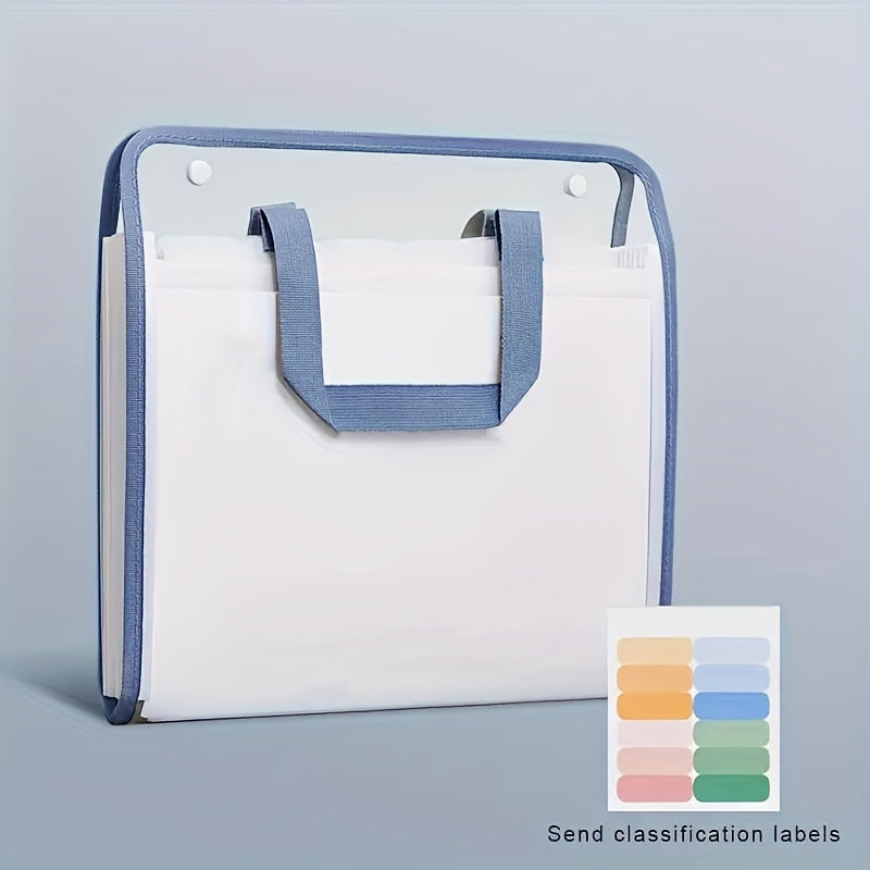 Durable PVC expanding file organizer holds A4 documents, suitable for students, office, and home use. White, waterproof and portable with handheld design. Stylish document bag for organized