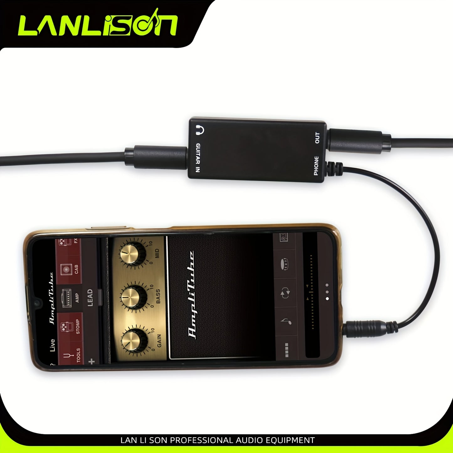 Lanlison Audio Adapter connects various instruments to smartphone for recording, effects, and conversion.