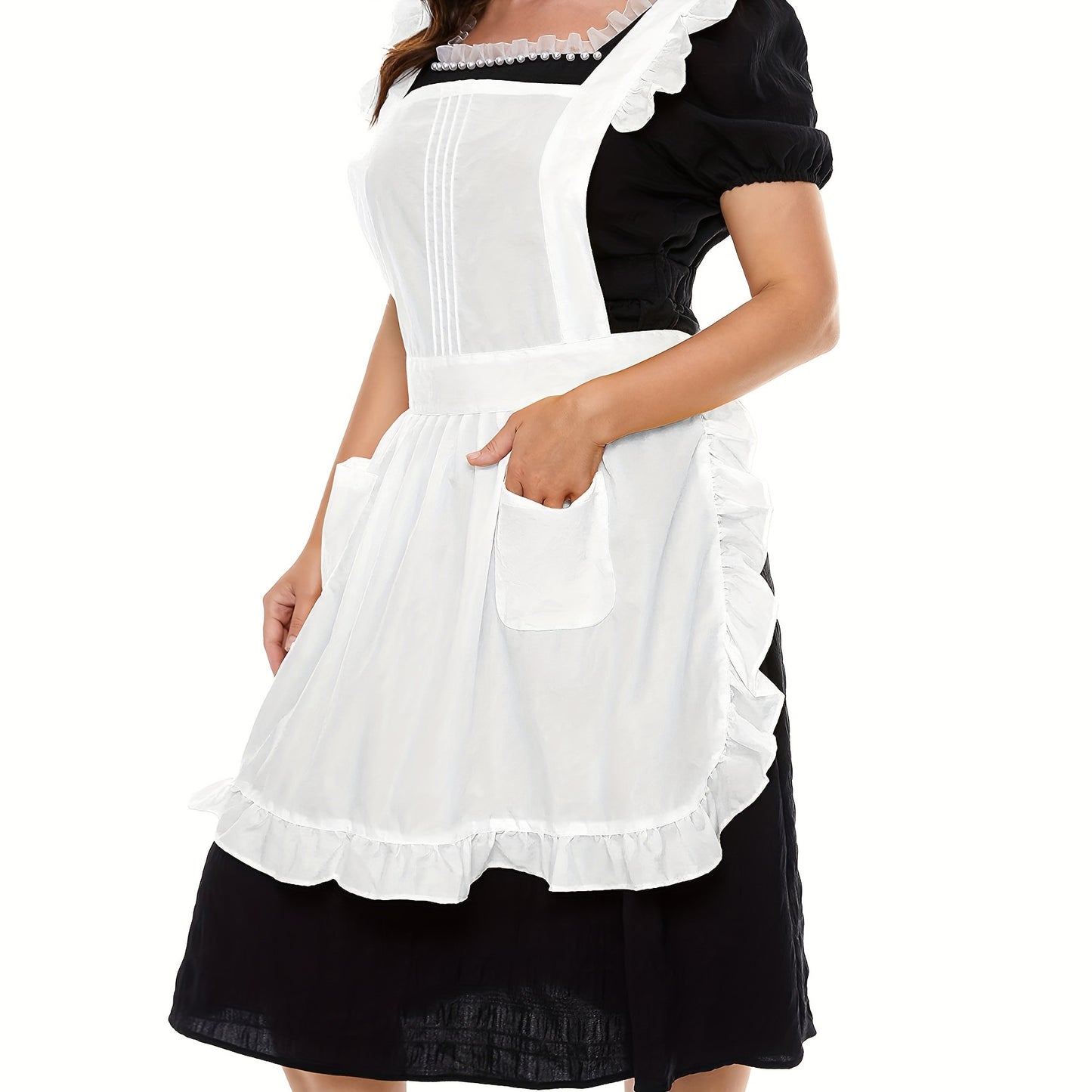 White vintage ruffle apron with pockets for women and girls, suitable for kitchen and cleaning tasks.