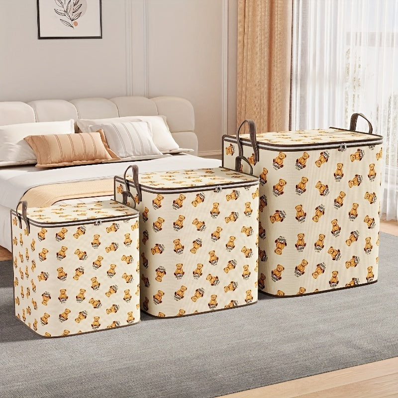 Foldable fabric storage bag for teddy bear clothes quilt in bedroom.