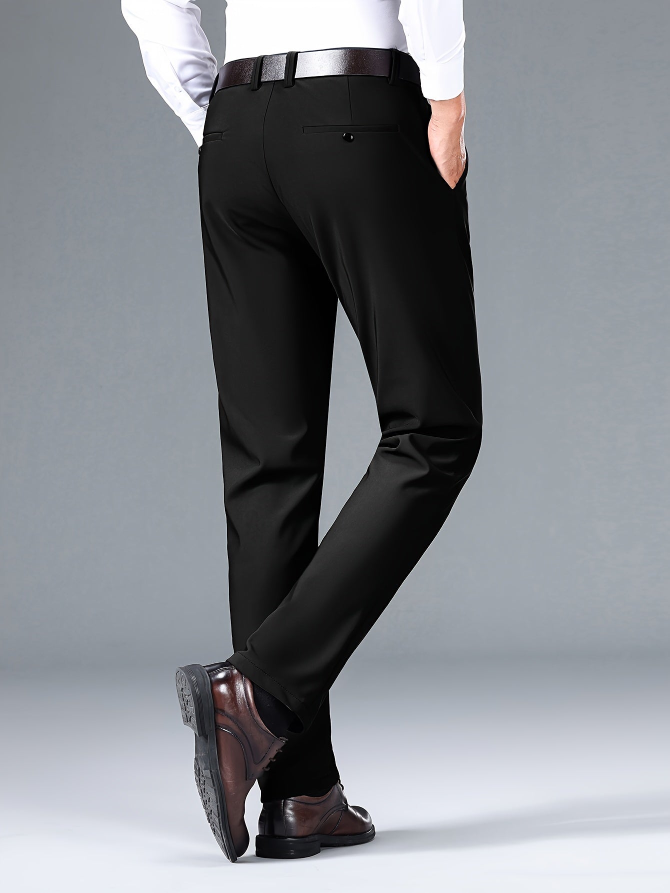 Slim fit stretchy men's pants suitable for both business and casual wear.