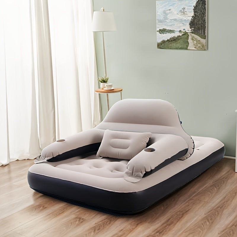 Inflatable air mattress with integrated pump, designed for maximum comfort and convenience. Made of durable plastic, featuring a deep fill design for optimal sleeping support. Includes backrest, headboard, and pillows for added relaxation. Suitable for