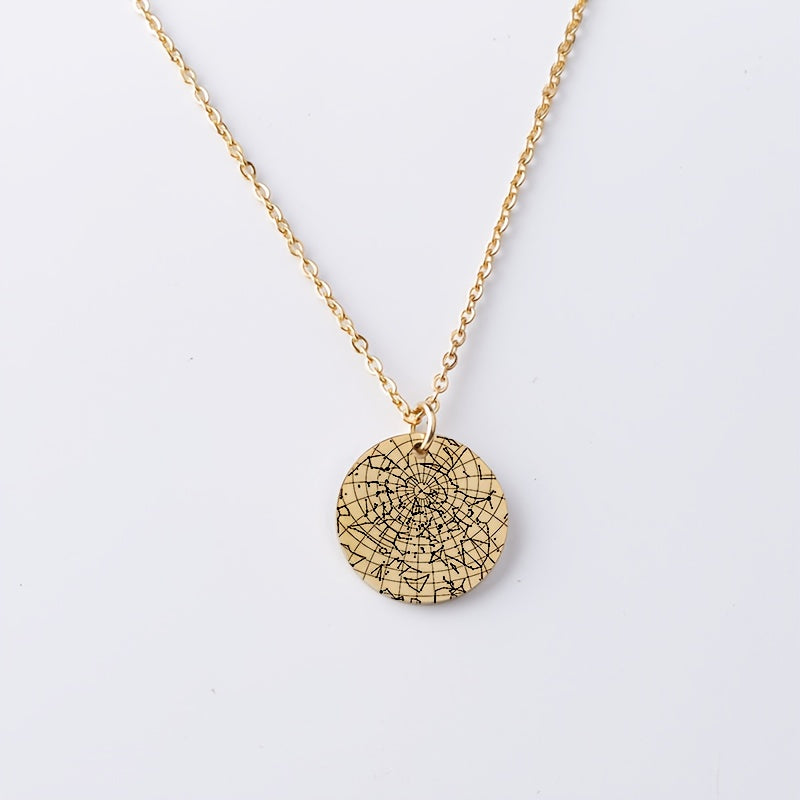 This stunning Star Map Pendant Necklace is custom-engraved and crafted from high-quality 18K Golden Plated 304 Stainless Steel. Elegant and alluring, it is the perfect accessory for daily wear and makes for a thoughtful gift. Ideal for celebrating