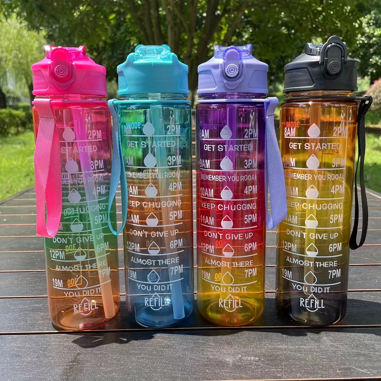 Set of 3 gradient color motivational water bottles (64oz, 32oz, 15oz) with mobile phone holder, food grade material straw cup, 2 stickers. Perfect for home and outdoor use, ideal Christmas gift.