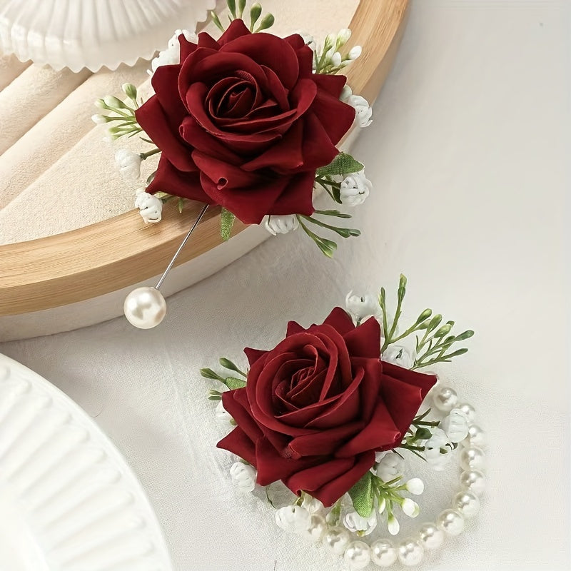 Bridal party accessories such as wrist and chest flowers resembling roses, suitable for bridesmaids, sisters, groomsmen, bride and groom, along with forest-inspired wrist flowers for a unique touch.