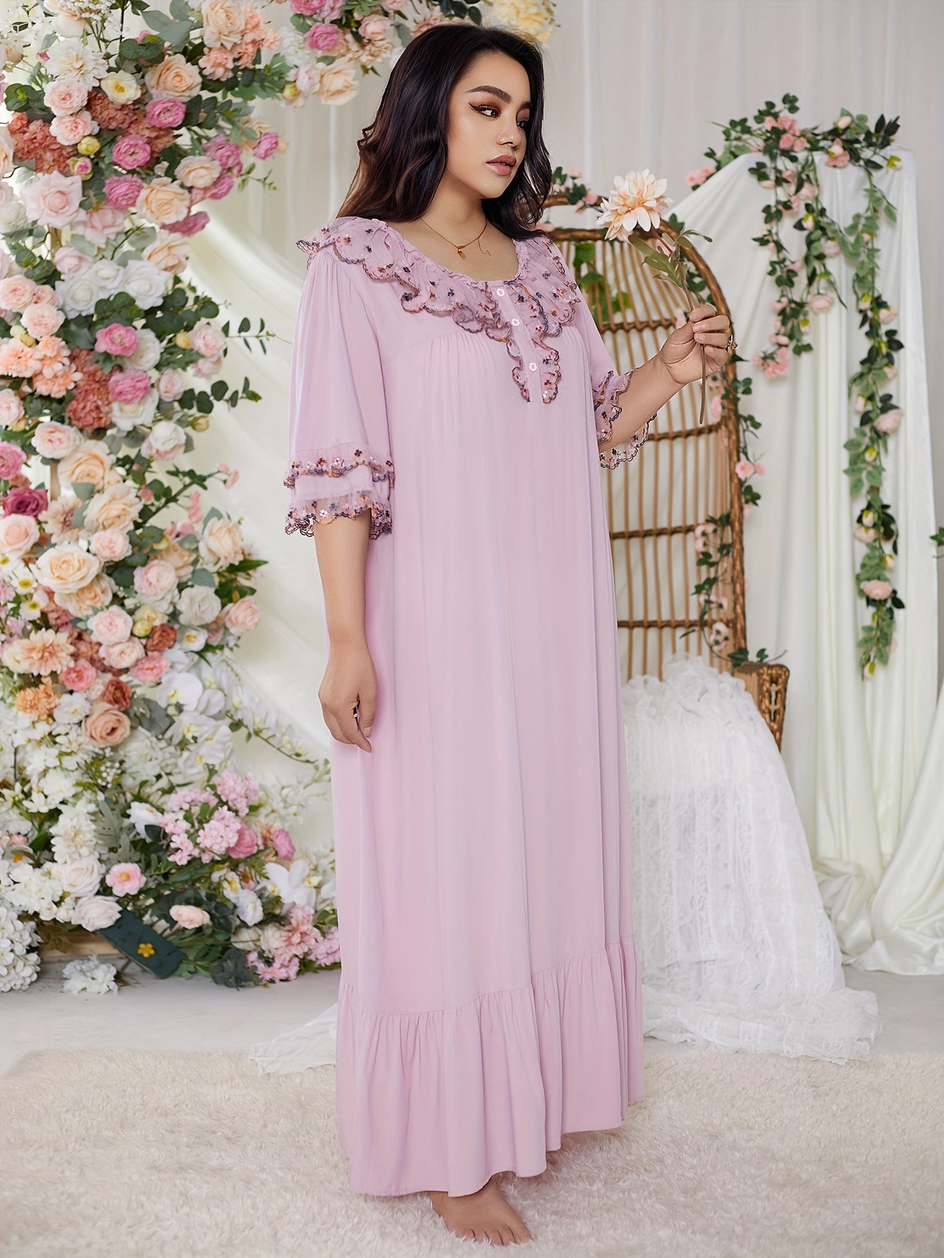 Floral Embroidered Lace Nightdress for Plus Size Women with Button Detail