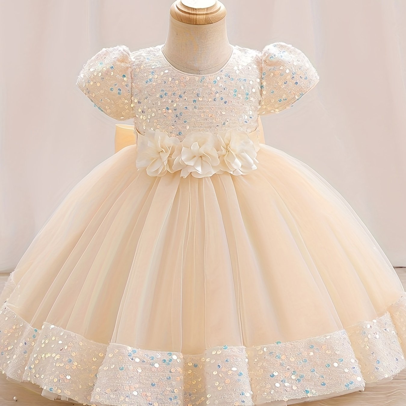 Sparkling gown dress with 3D flower decor and sequins, perfect for weddings, birthdays, and parties.