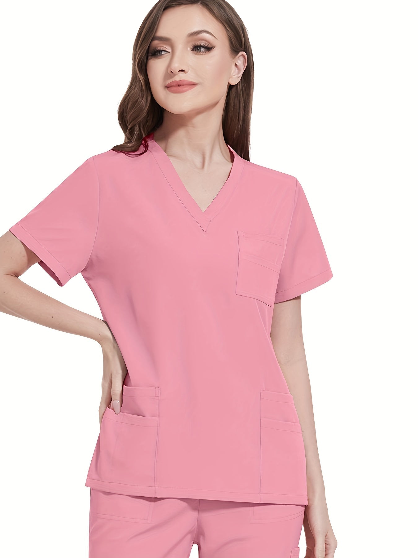 Premium polyester spandex scrubs set with V-neck shirt and straight-leg pants for nurses and surgeons.