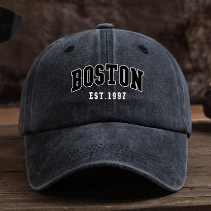 Boston Est. 1997 Unisex Fashion Baseball Cap with Adjustable Curved Brim made of Woven Textile Material, Easy Care, machine washable/dry clean.